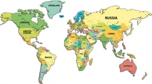 Mapa světa-MDF dekorace na zeď - 130 x 72 cm,varianty: | Barevná s nápisy, Barevná bez nápisů, Prázdná hnědá
