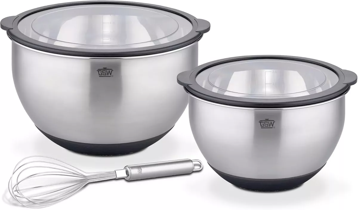 Servírovací misky GSW Primo z ušlechtilé oceli s víkem,varianty: - Sada servírovacích misek Ø 20 cm, Ø 24 cm+metlička