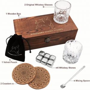 Dárková sada whisky 4/6 ledových kamenů,2 skleničky, v dřevěné krabičce, varianty: Loocar