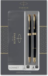 Luxusní plnící pero+kuličkové pero,PARKER Sonnet Matte Black GT Duo Set | Černo zlatá, Černo stříbrná, Černo zlatá+kožené pouzdro
