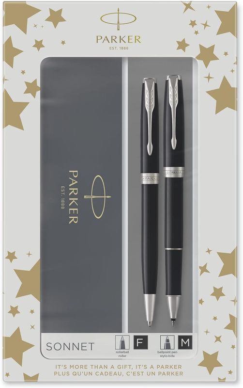 Luxusní plnící pero+kuličkové pero,PARKER Sonnet Matte Black GT Duo Set - Černo stříbrná