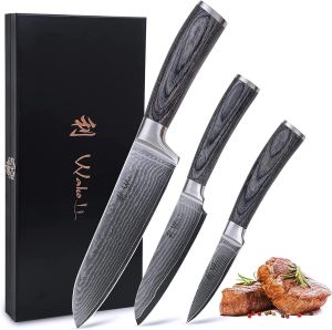 Japonské nože WAKOLI, sada luxusních nožů, damašková ocel,varianty | Edis-černá set 3ks, Olive hnědá set 3ks, Edis-černá set 4ks, Edib-hnědá 3ks dřevěné pouzdro