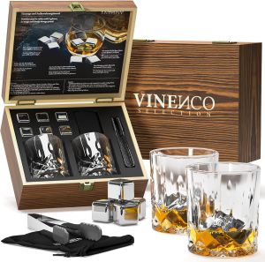 Dárková sada whisky 4/6 ledových kamenů,2 skleničky, v dřevěné krabičce, varianty: Loocar