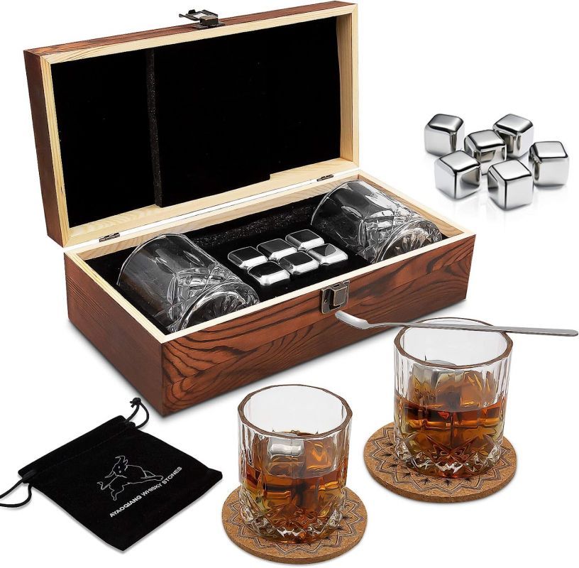 Dárková sada whisky 4/6 ledových kamenů,2 skleničky, v dřevěné krabičce, varianty: Loocar