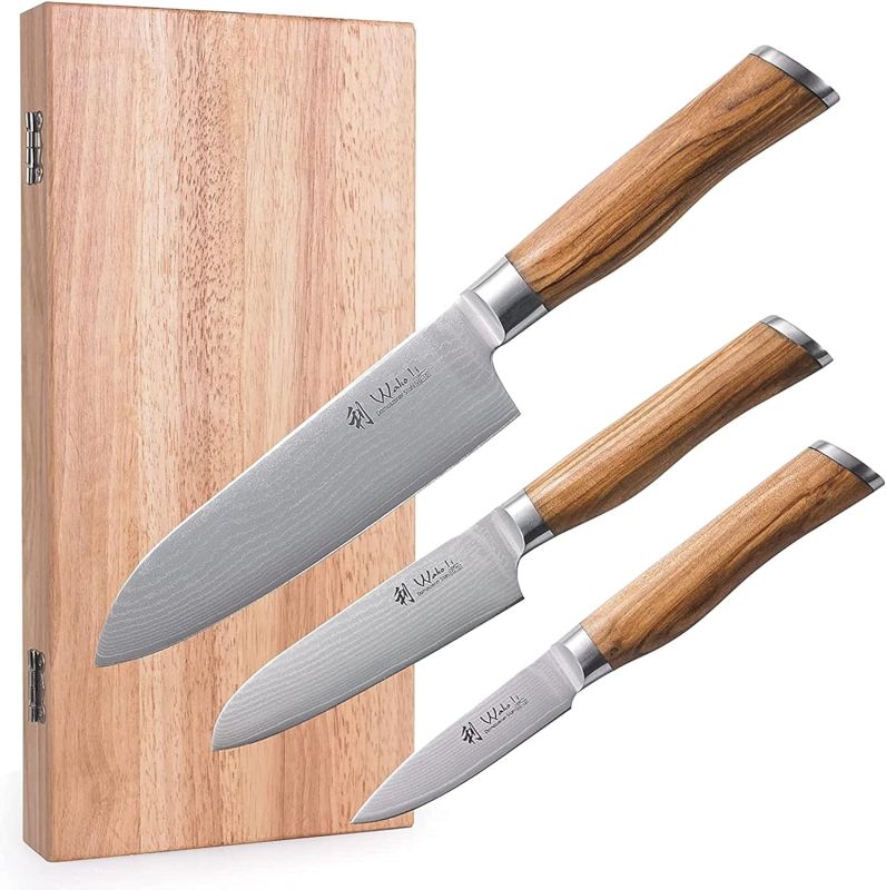 Japonské nože WAKOLI, sada luxusních nožů, damašková ocel,varianty - Olive hnědá set 3ks WAKOLI