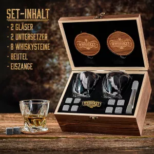 Dárková sada Whisiskey-2x sklenička na whisky, 8 ledových kamenů v dřevěné krabičce