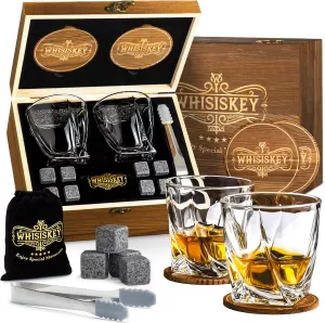 Dárková sada Whisiskey-2x sklenička na whisky, 8 ledových kamenů v dřevěné krabičce