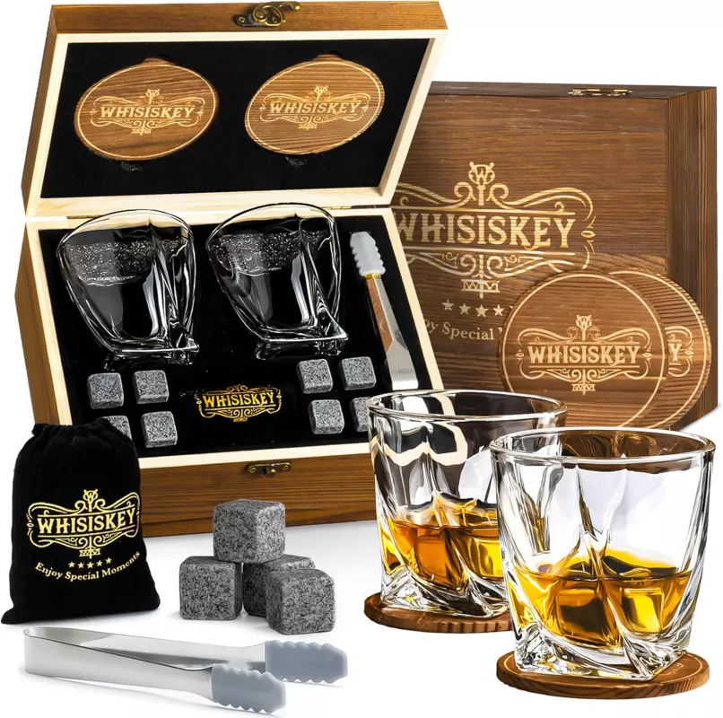 Dárková sada Whisiskey-2x sklenička na whisky, 8 ledových kamenů v dřevěné krabičce