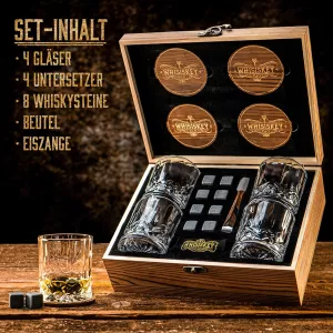Dárková sada Whisiskey-4x sklenička na whisky, 8 ledových kamenů v dřevěné krabičce