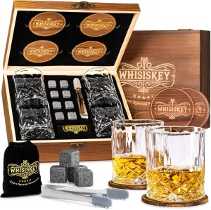 Dárková sada Whisiskey-4x sklenička na whisky, 8 ledových kamenů v dřevěné krabičce