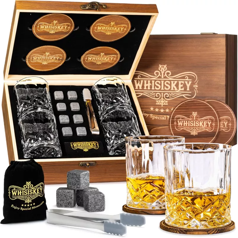 Dárková sada Whisiskey-4x sklenička na whisky, 8 ledových kamenů v dřevěné krabičce