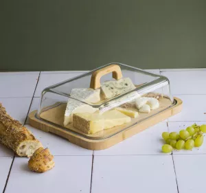 Dóza na sýry a uzeninu Pebbly se skleněným víkem a držadlem,bambus