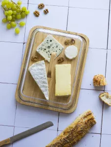 Dóza na sýry a uzeninu Pebbly se skleněným víkem a držadlem,bambus