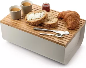 Chlebník s prkénkem Alessi-Mattina,světle šedý