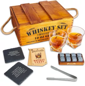 Dárková sada na whisky,8 kamenů, 2 skleničky v dřevěné krabičce LOFERMA
