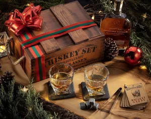 Dárková sada na whisky,8 kamenů, 2 skleničky v dřevěné krabičce LOFERMA