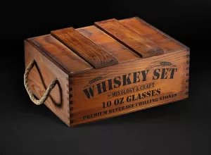Dárková sada na whisky,8 kamenů, 2 skleničky v dřevěné krabičce