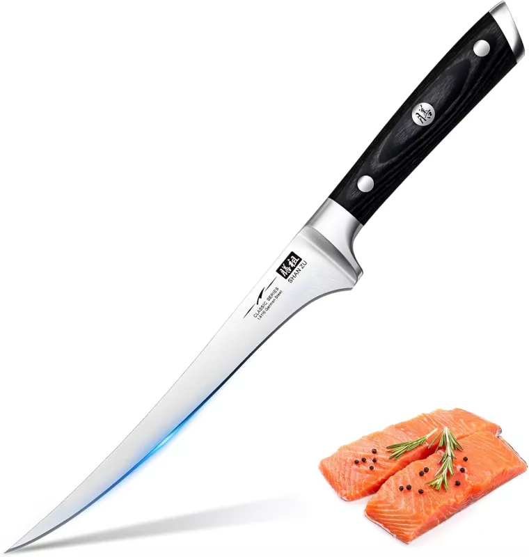 Filetovací nůž SHAN ZU,dřevo Pakka, damašková ocel,čepel 18cm