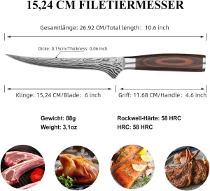 Filetovací nůž Sunnecko,dřevo Pakka, damašková ocel,varianty: