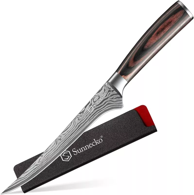 Filetovací nůž Sunnecko,dřevo Pakka, damašková ocel,varianty: - Čepel 18 cm