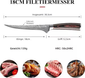 Filetovací nůž Sunnecko,dřevo Pakka, damašková ocel,varianty: